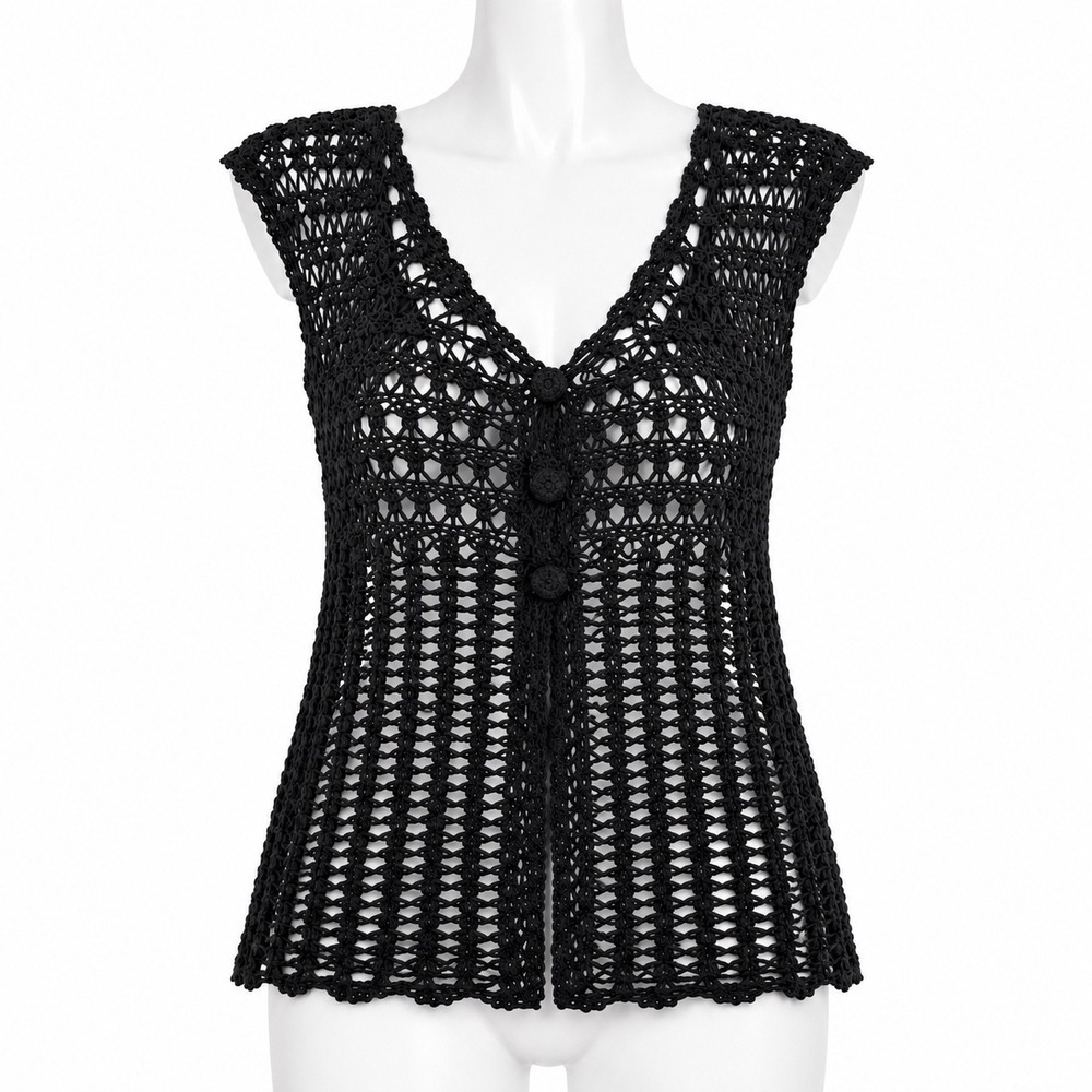 Y2K Cable & Gauge Crochet Knit Vest M Black Boho Fairy Grunge Festival Layering
